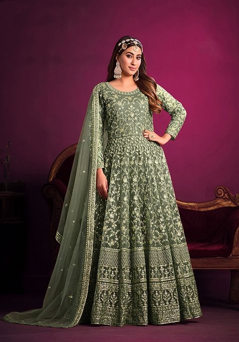 Light Green Embroidered Net Kurta Set