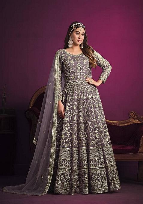 Light Purple Embroidered Net Kurta Set