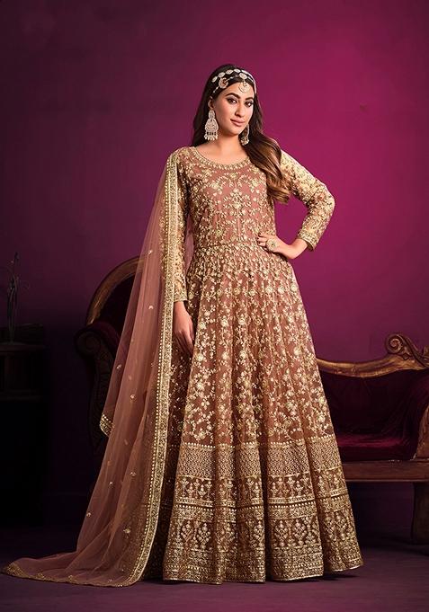 Peach Embroidered Net Kurta Set