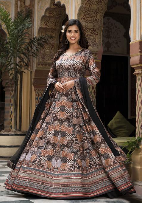 Black Digital Print Dola Silk Anarkali Gown With Dupatta