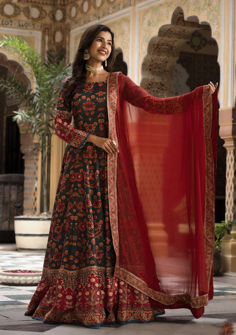 Green Digital Print Dola Silk Anarkali Gown With Dupatta