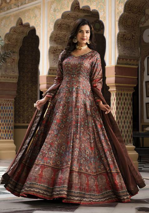 Coffee Digital Print Dola Silk Anarkali Gown With Dupatta