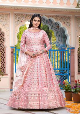 Off White And Light Pink Digital Print Dola silk Anarkali Gown With Dupatta
