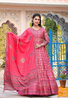 Dark Pink Digital Print Dola silk Anarkali Gown With Dupatta