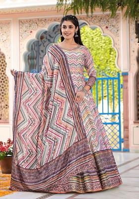Off White And Multicolor Digital Print Dola silk Anarkali Gown With Dupatta