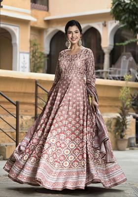 Pale Mauve Digital Print Soft Dola Silk Anarkali Gown With Dupatta