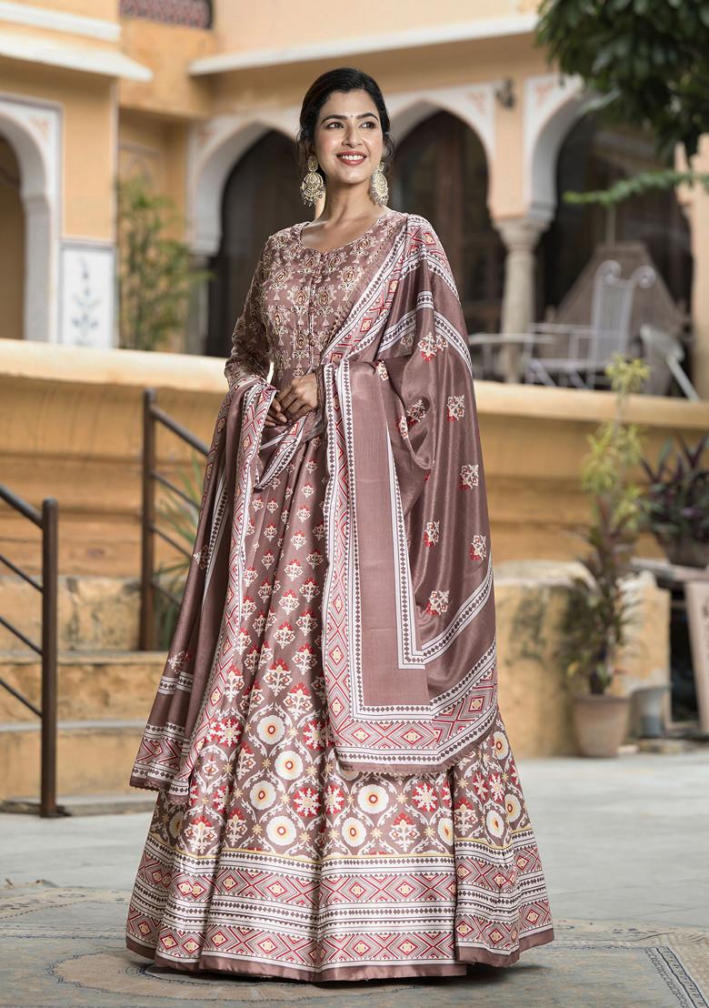 Pale Mauve Digital Print Soft Dola Silk Anarkali Gown With Dupatta