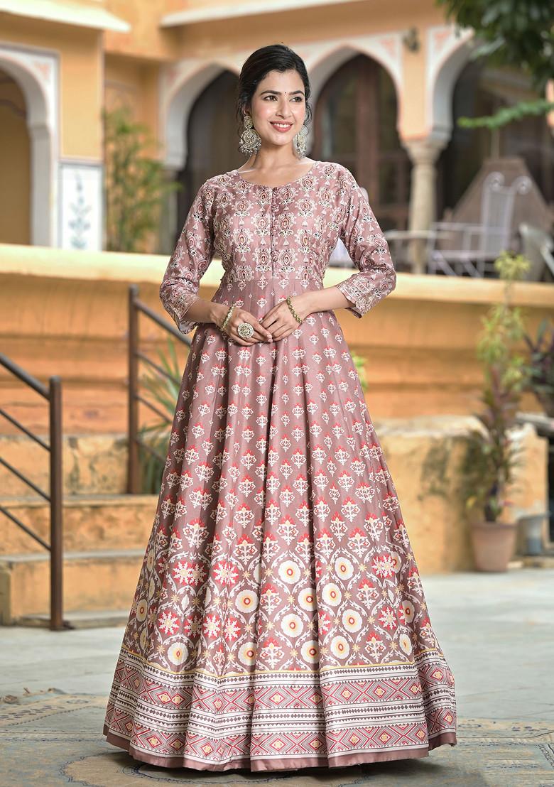 Pale Mauve Digital Print Soft Dola Silk Anarkali Gown With Dupatta