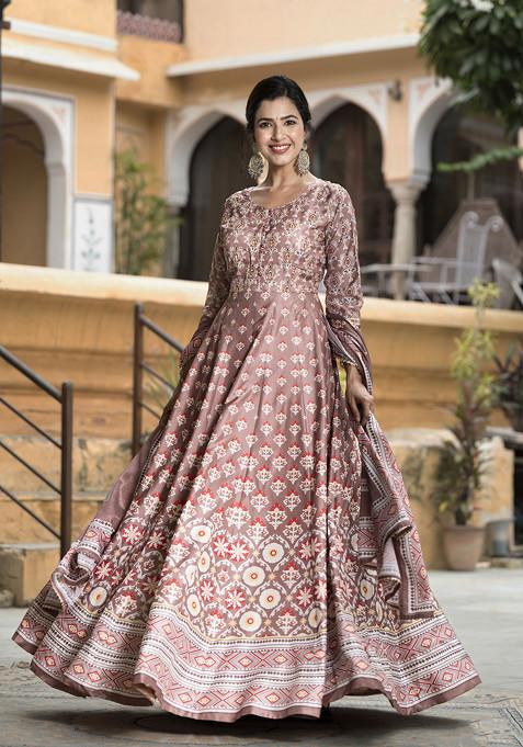 Pale Mauve Digital Print Soft Dola Silk Anarkali Gown With Dupatta