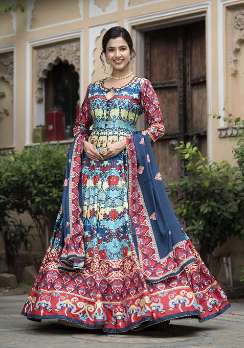 Multicolor Digital Print Soft Dola silk Anarkali Gown With Dupatta