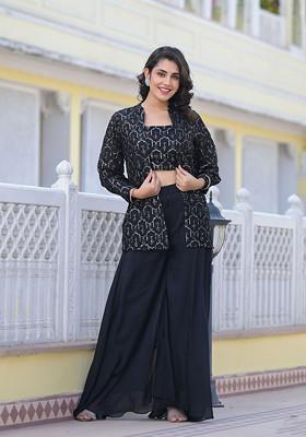 Black Embroidered Georgette Jacket Set