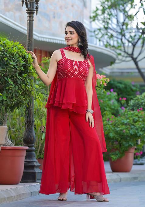 Red Embroidered Georgette Kurta Set