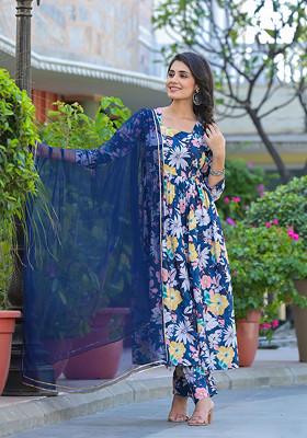 Blue Digital Print Imported Cotton Kurta Set