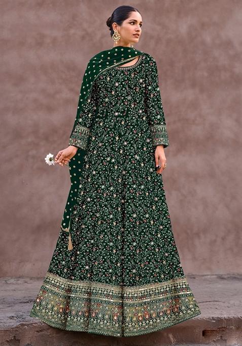 Green Embroidered Georgette Anarkali Set