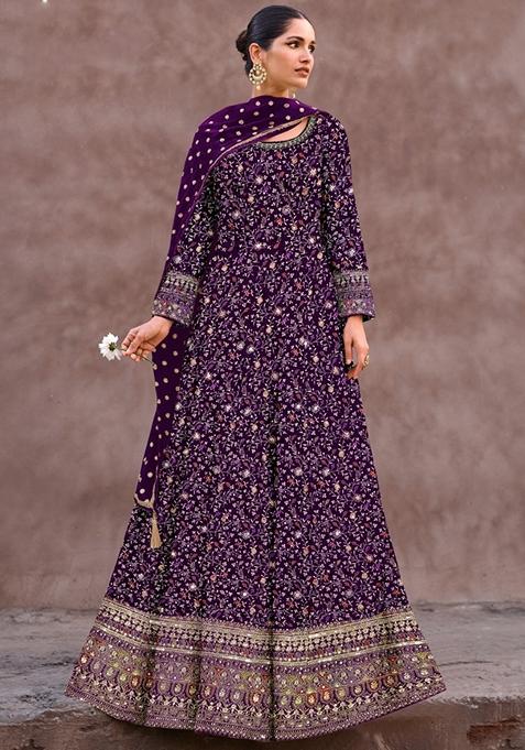 Wine Embroidered Georgette Anarkali Set