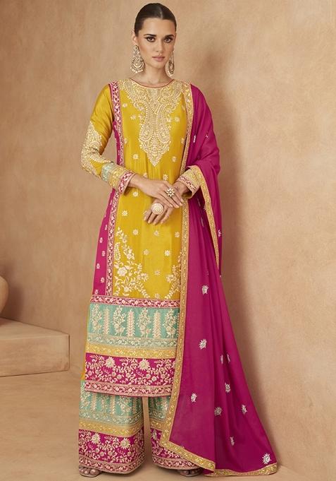 Yellow Embroidered Chinon Palazzo Set