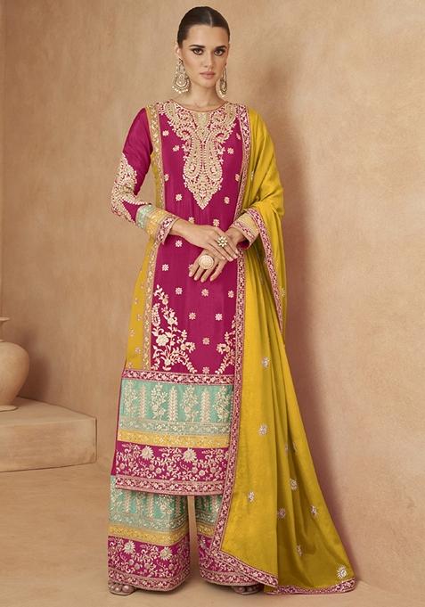 Pink Embroidered Chinon Palazzo Set