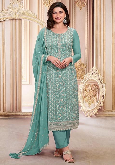 Sky Blue Embroidered Georgette Kurta Set