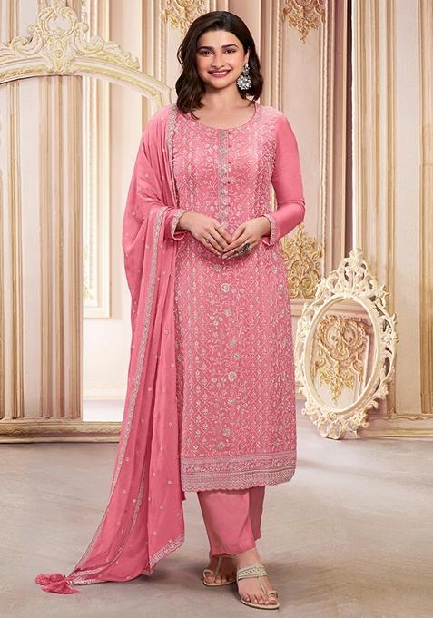 Pink Embroidered Georgette Kurta Set