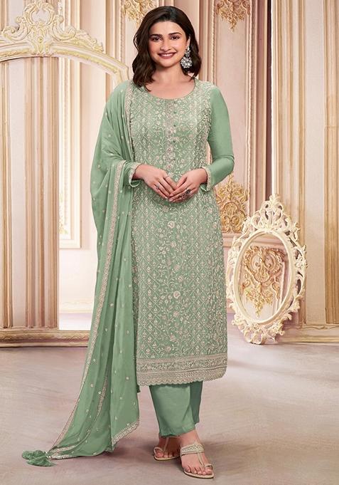 Light Green Embroidered Georgette Kurta Set