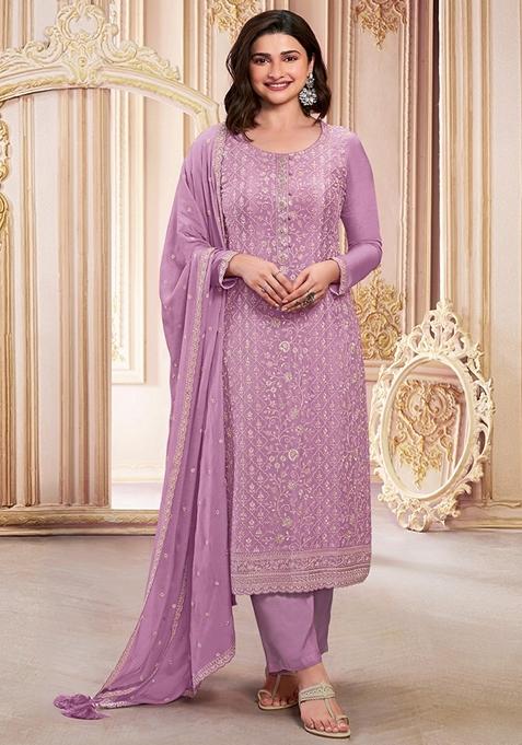 Lavender Embroidered Georgette Kurta Set