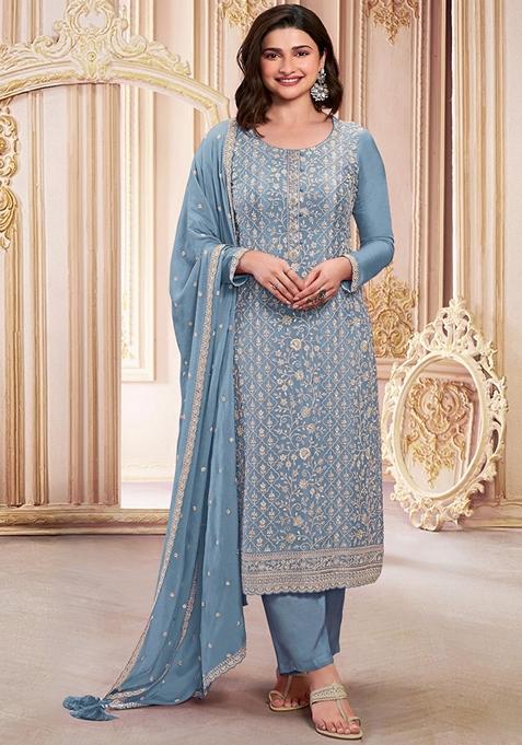 Light Blue Embroidered Georgette Kurta Set