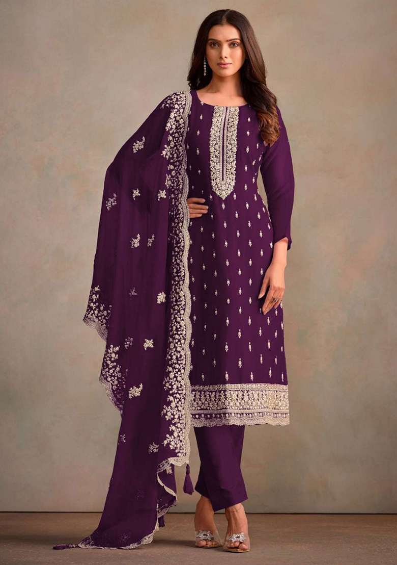 Violet Embroidered Organza Pakistani Suit Set - Indya