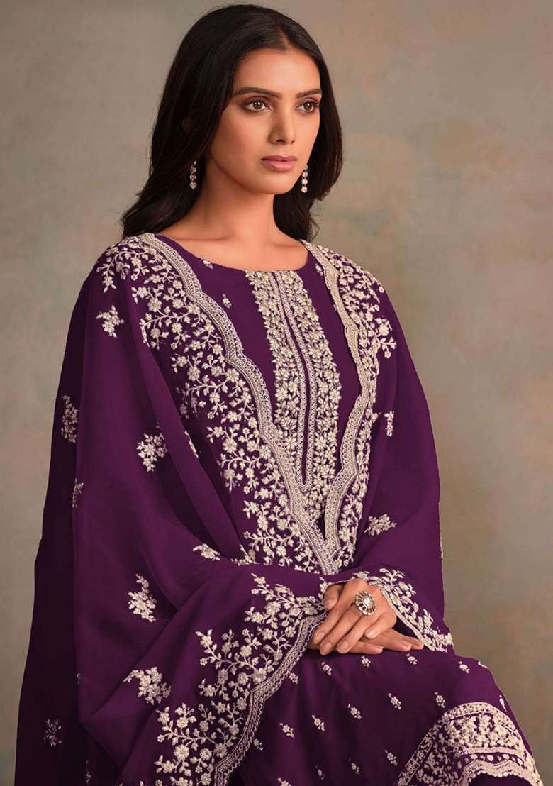 Violet Embroidered Organza Pakistani Suit Set - Indya