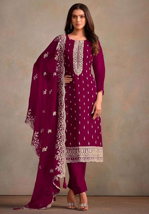 Wine Embroidered Organza Kurta Set