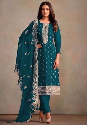 Aqua Blue Embroidered Organza Kurta Set