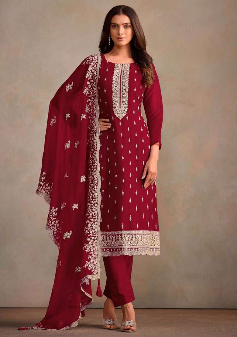 Maroon Embroidered Organza Pakistani Suit Set - Indya