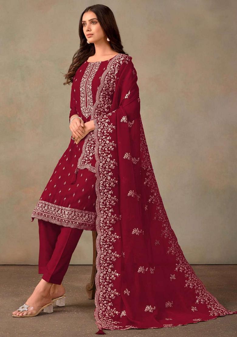Maroon Embroidered Organza Kurta Set