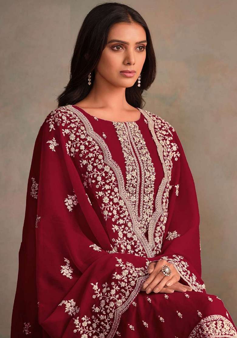 Maroon Embroidered Organza Pakistani Suit Set - Indya