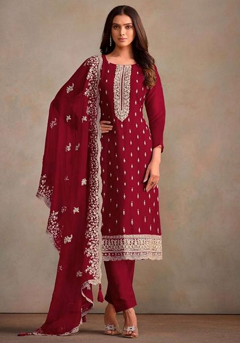 Maroon Embroidered Organza Kurta Set