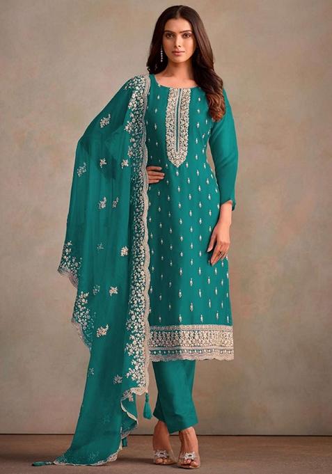 Turquoise Embroidered Organza Kurta Set