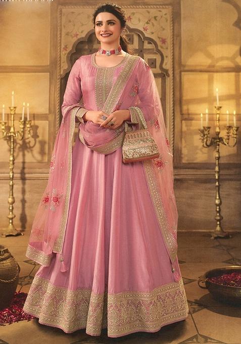 Baby Pink Embroidered Silk Anarkali Set