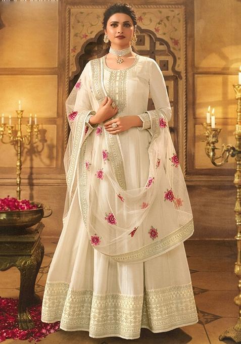 Off White Embroidered Silk Anarkali Set