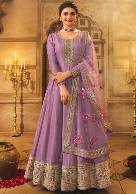 Lavender Embroidered Silk Anarkali Set