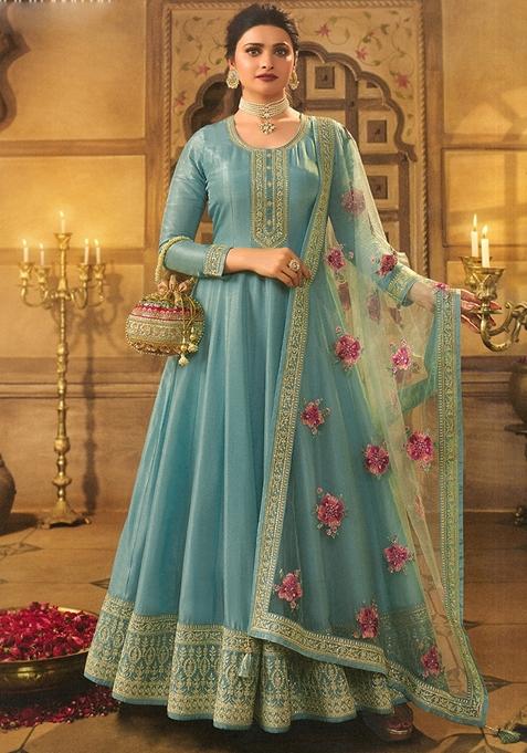 Sky Blue Embroidered Silk Anarkali Set