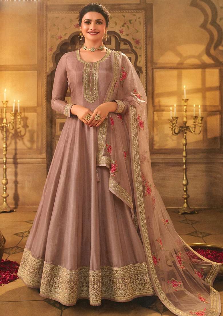 Brown Embroidered Silk Blend Anarkali With Dupatta - Indya