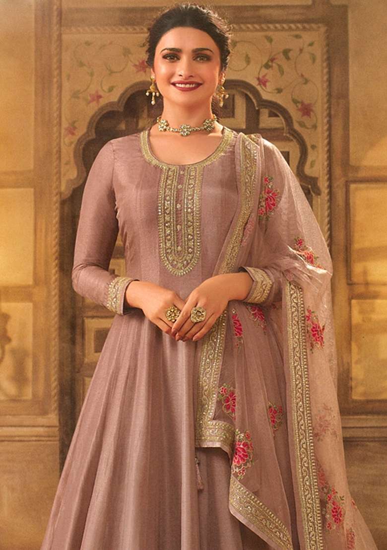 Brown Embroidered Silk Blend Anarkali With Dupatta - Indya