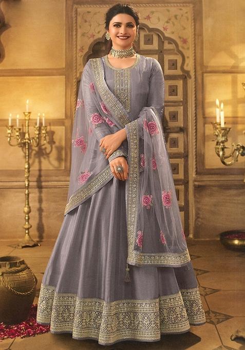 Violet Embroidered Silk Anarkali Set