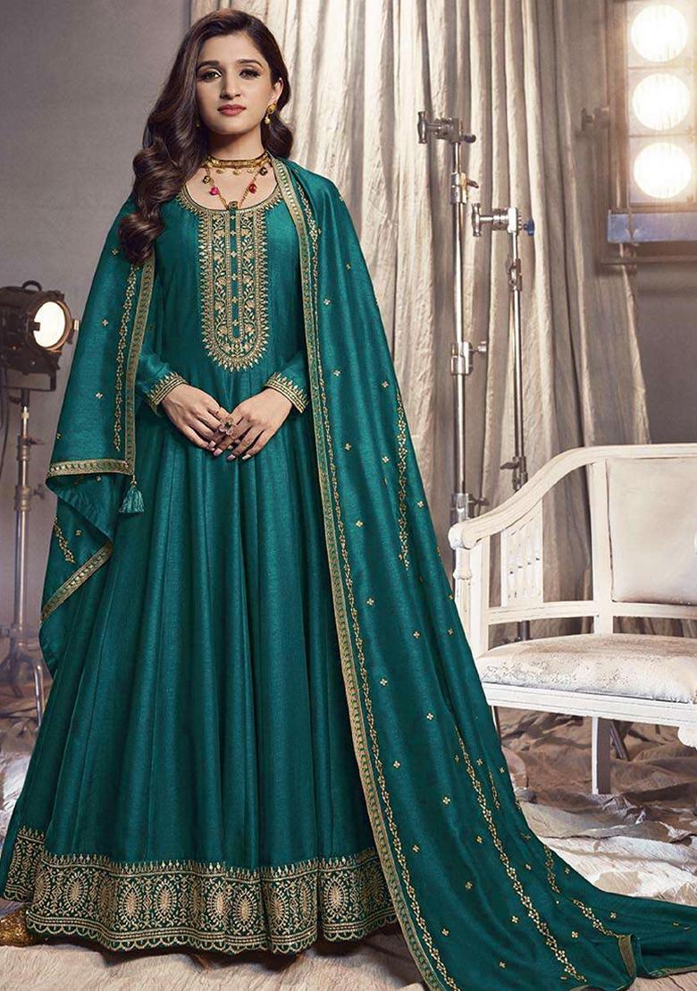 Teal Embroidered Georgette Anarkali With Dupatta - Indya