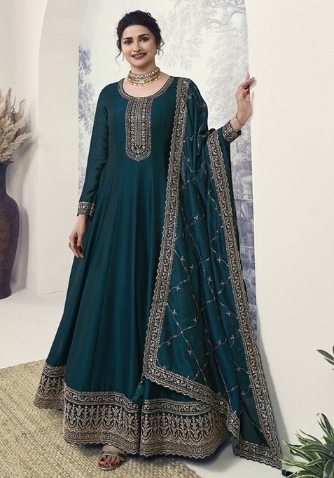 Teal Embroidered Georgette Anarkali Set