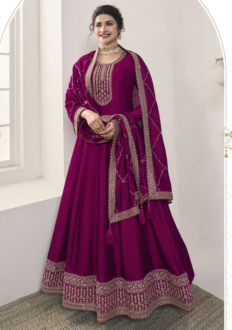 Purple Embroidered Georgette Anarkali With Dupatta - Indya