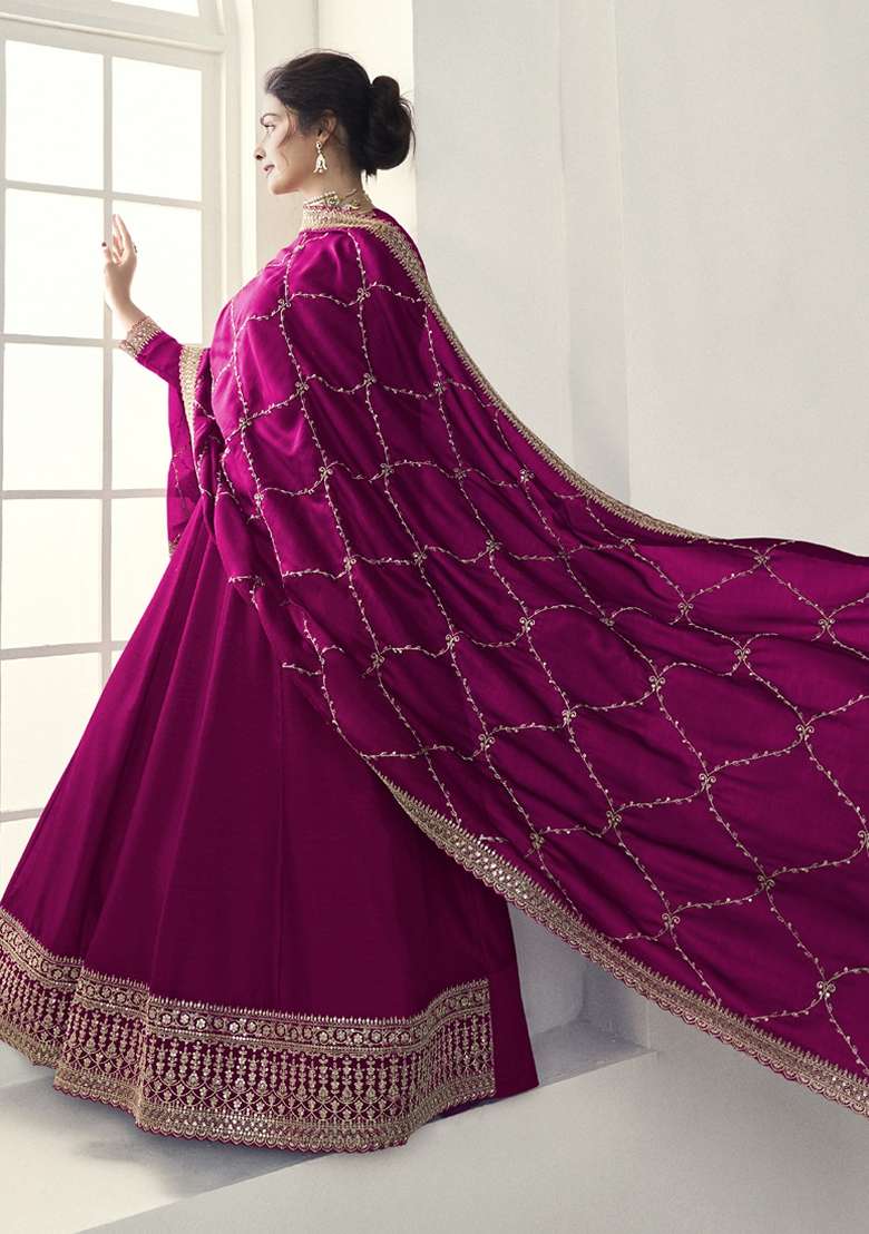 Purple Embroidered Georgette Anarkali With Dupatta - Indya