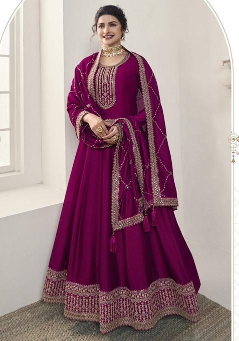 Purple Embroidered Georgette Anarkali Set