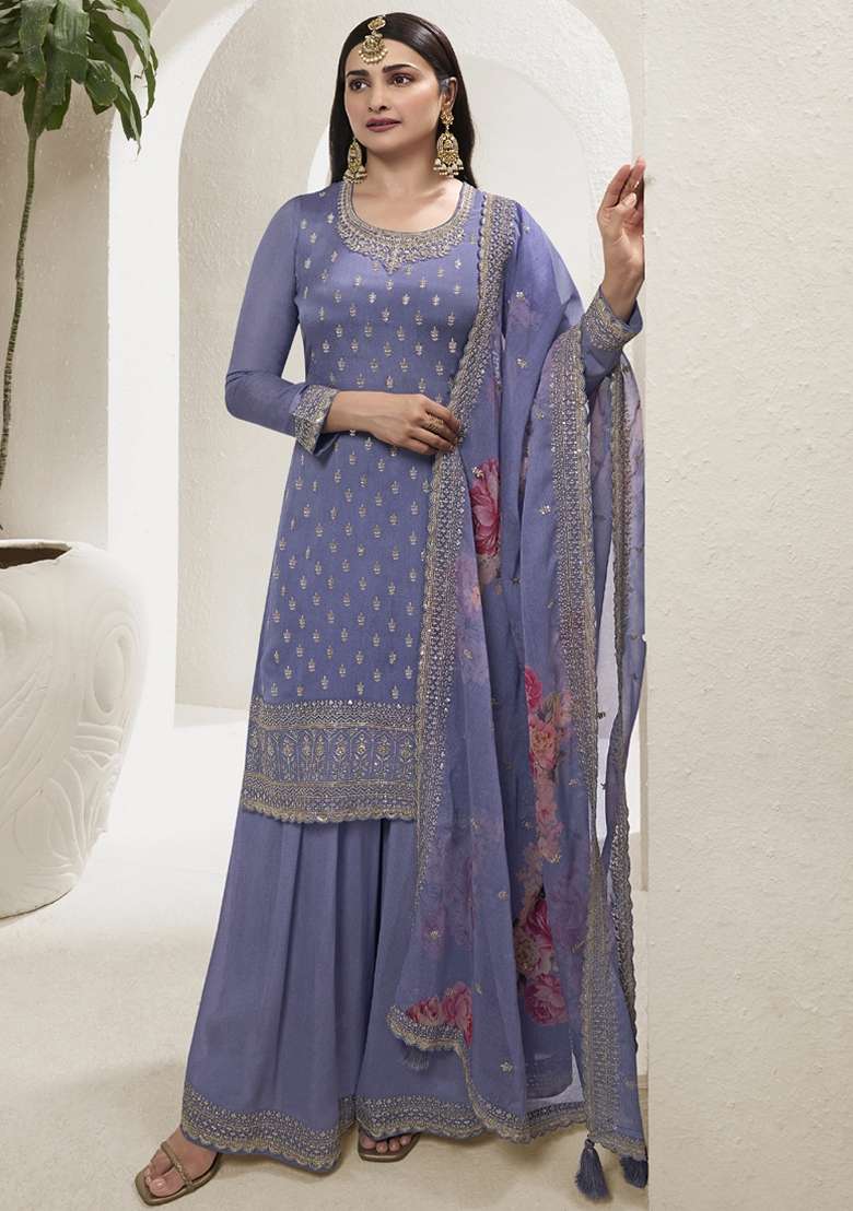 Lavender Embroidered Chinon Sharara Set - Indya