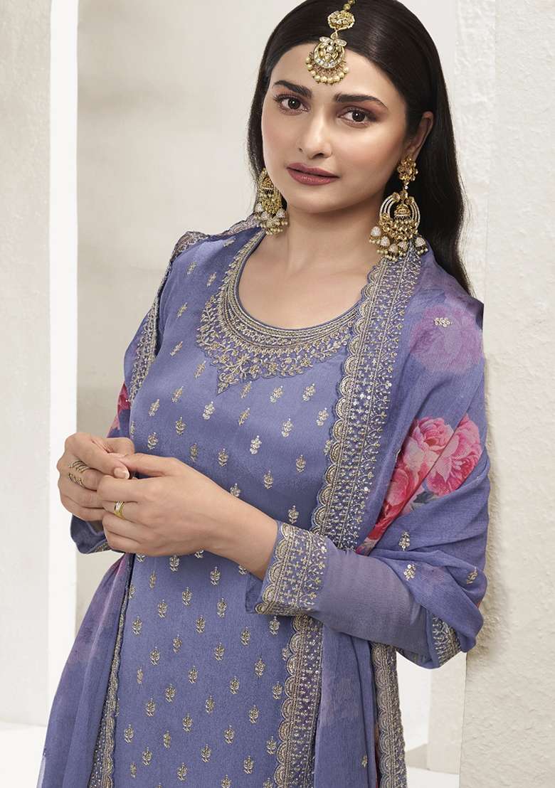 Lavender Embroidered Chinon Sharara Set - Indya