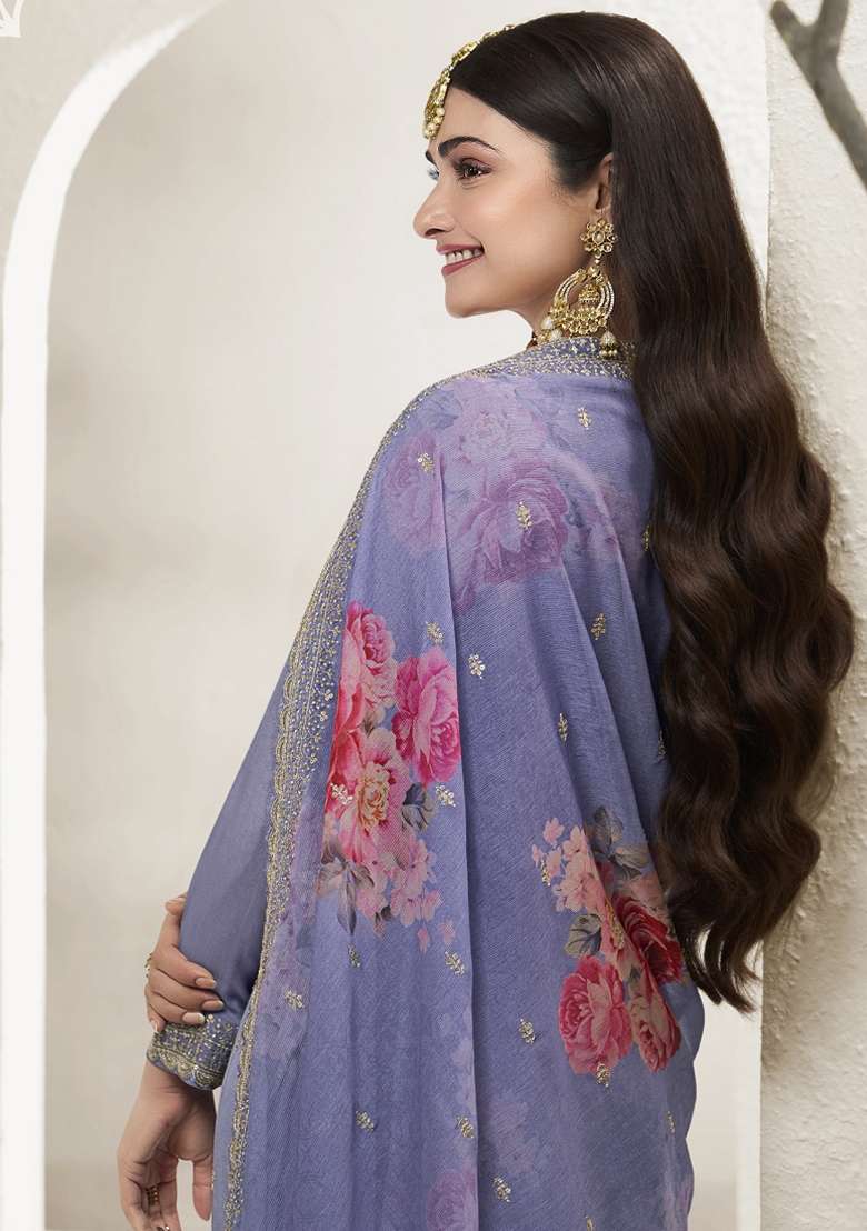 Lavender Embroidered Chinon Sharara Set - Indya